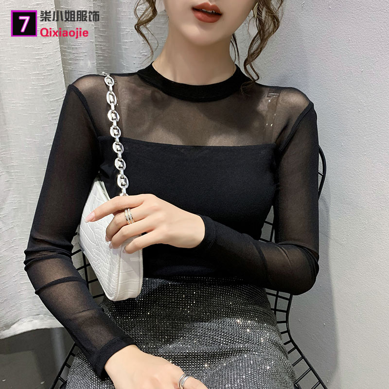 春秋2023新款女t恤性感蕾丝衫长袖网纱内搭上衣大码半高领打底衫