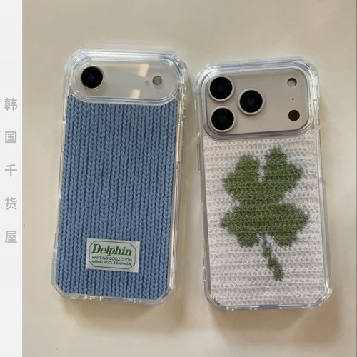 Delphin韩国代购ins风四叶草针织图案17promax透明手机壳全包磁吸