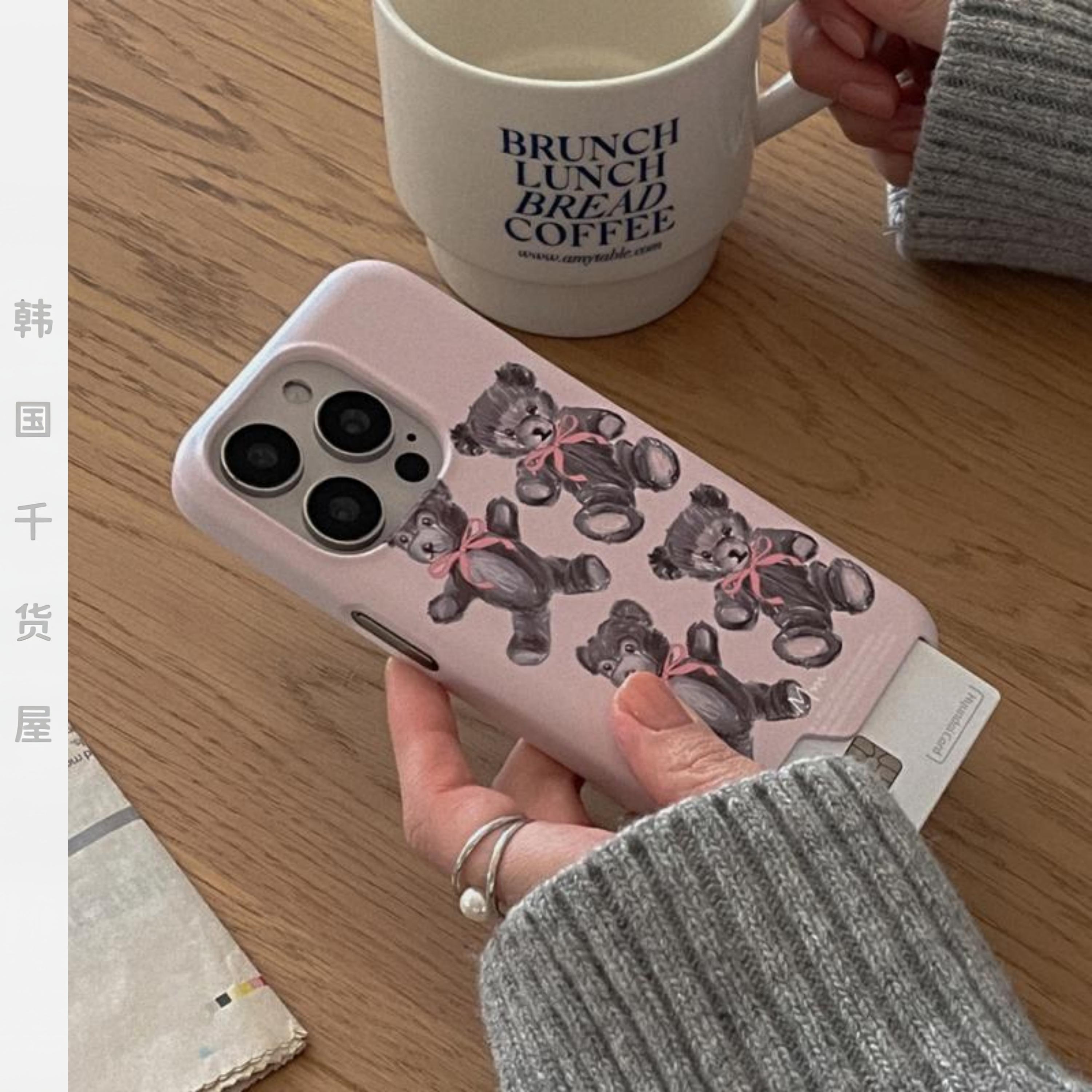 mademoment韩国代购ins风可爱泰迪熊磨砂菲林壳可插卡圆边手机壳