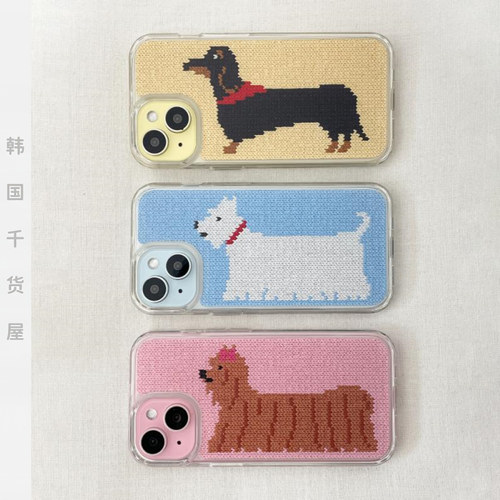 Delphin韩国代购ins风创意针织图案可爱狗狗透明全包手机壳保护套