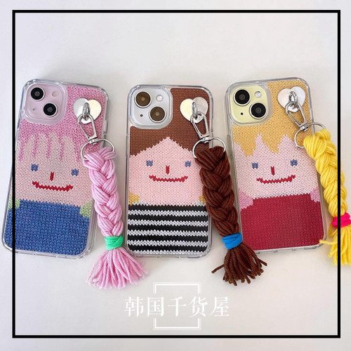 韩国delphin代购ins小众设计可爱创意毛线针织娃娃脸透明全包手机壳麻花辫子挂件17promax s25ultra保护壳