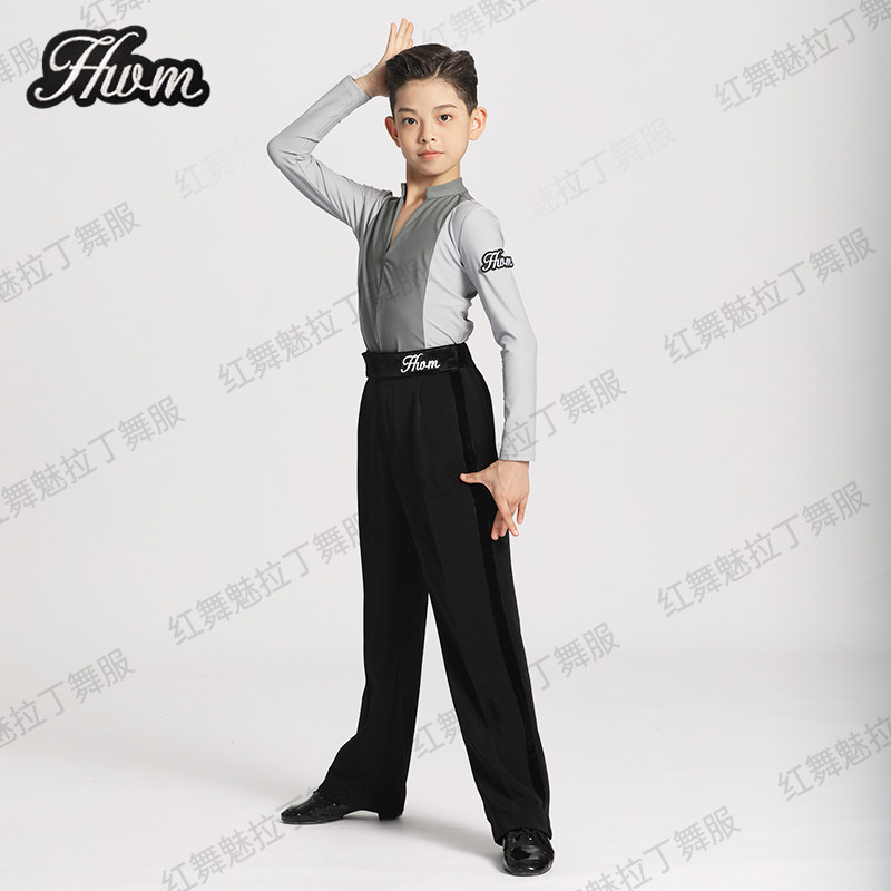 红舞魅专业男童少儿拉丁舞服秋冬新款V领长袖上衣裤子练功训练服