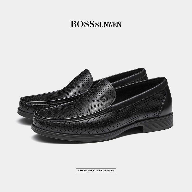 BOSSsunwen男鞋正品夏季新款办公室乐福鞋夏天高档一脚蹬新款打孔