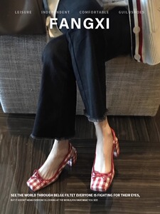 小众设计法式蝴蝶结格子方头中跟一字带高跟鞋女粗跟单鞋包头凉鞋