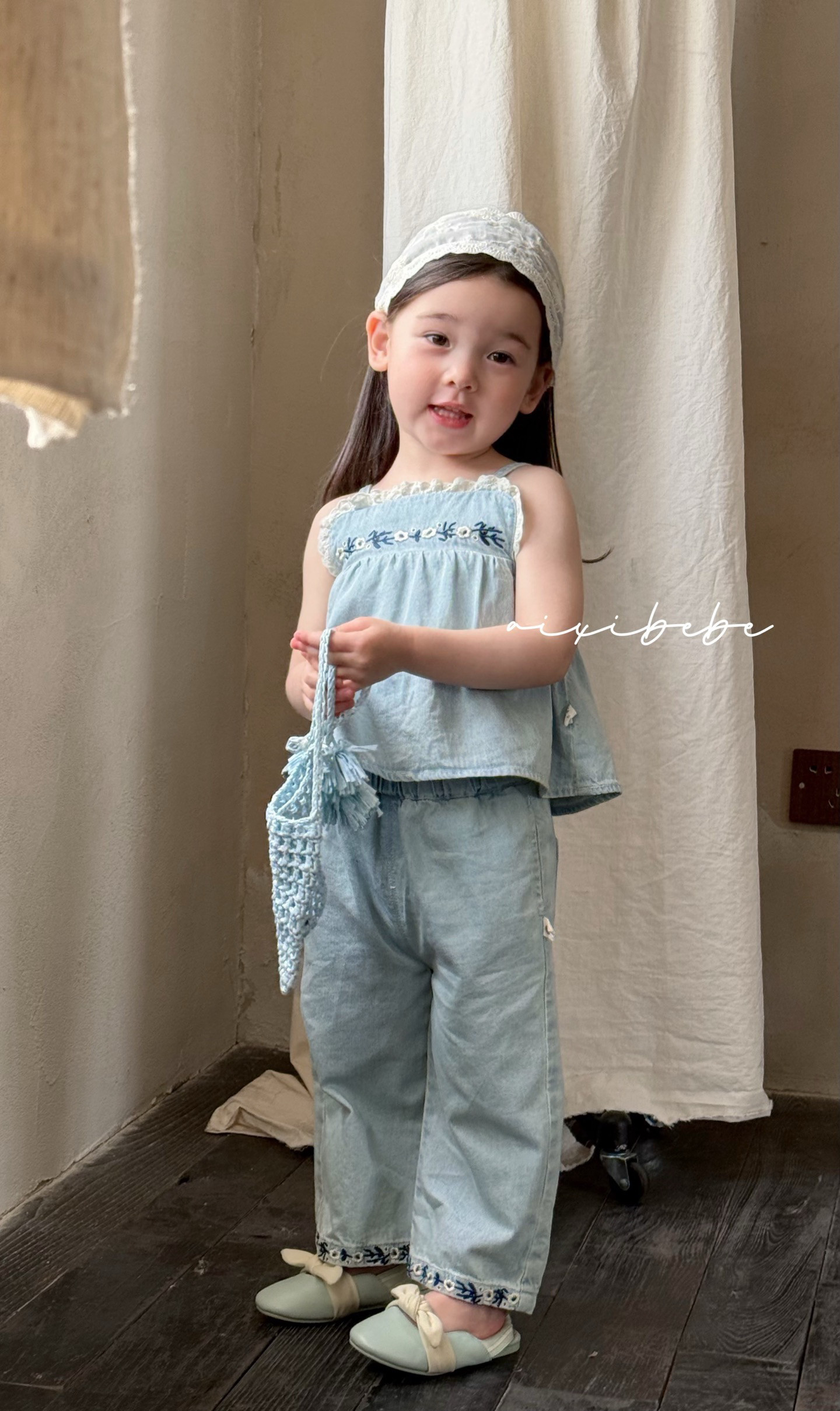 断码特价）爱喜夏季女宝吊带牛仔套装2025新款阔腿裤两件套韩版