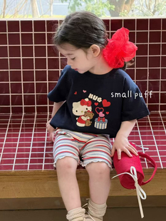 断码特价小泡芙2025夏款女宝可爱kt猫纯棉短袖上衣条纹打底裤套装