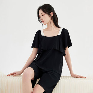 顶瓜瓜睡衣女款 2024新黑色夏季 纯棉防凸点可外穿短袖 家居服套装