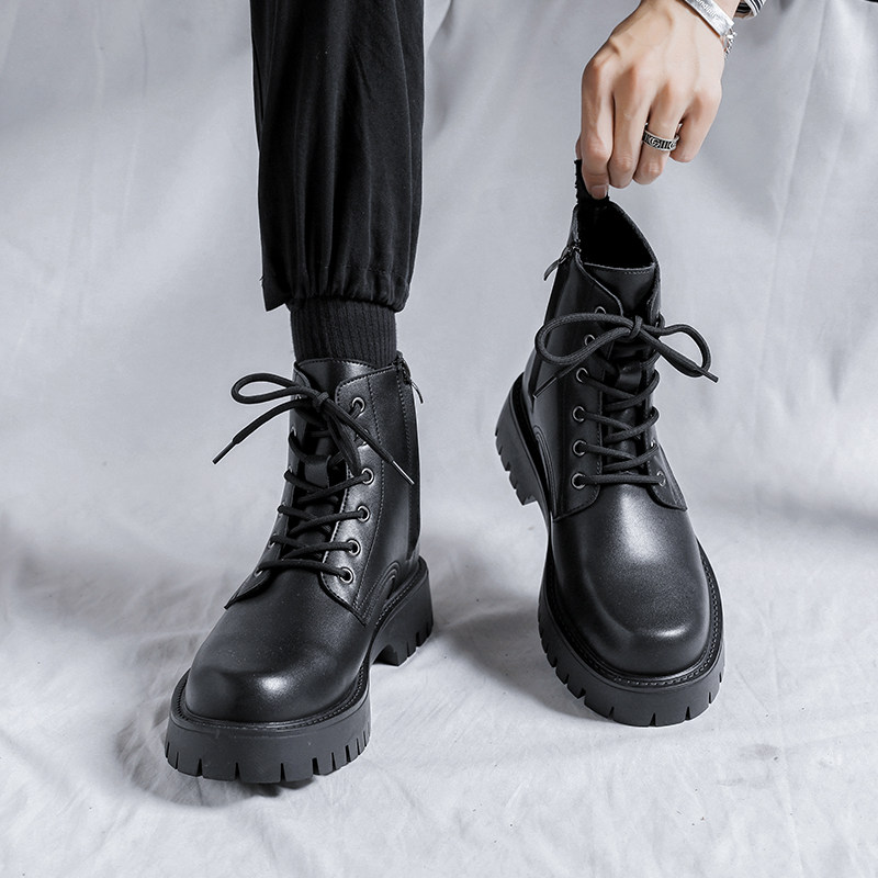 侧拉链黑色高帮马丁靴男款英伦风37小码真皮中帮工装靴厚底机车靴