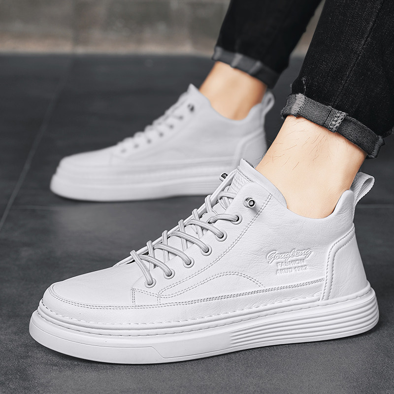 欧洲站男鞋白色中邦休闲板鞋免系带中帮百搭小白鞋一脚蹬懒人皮鞋