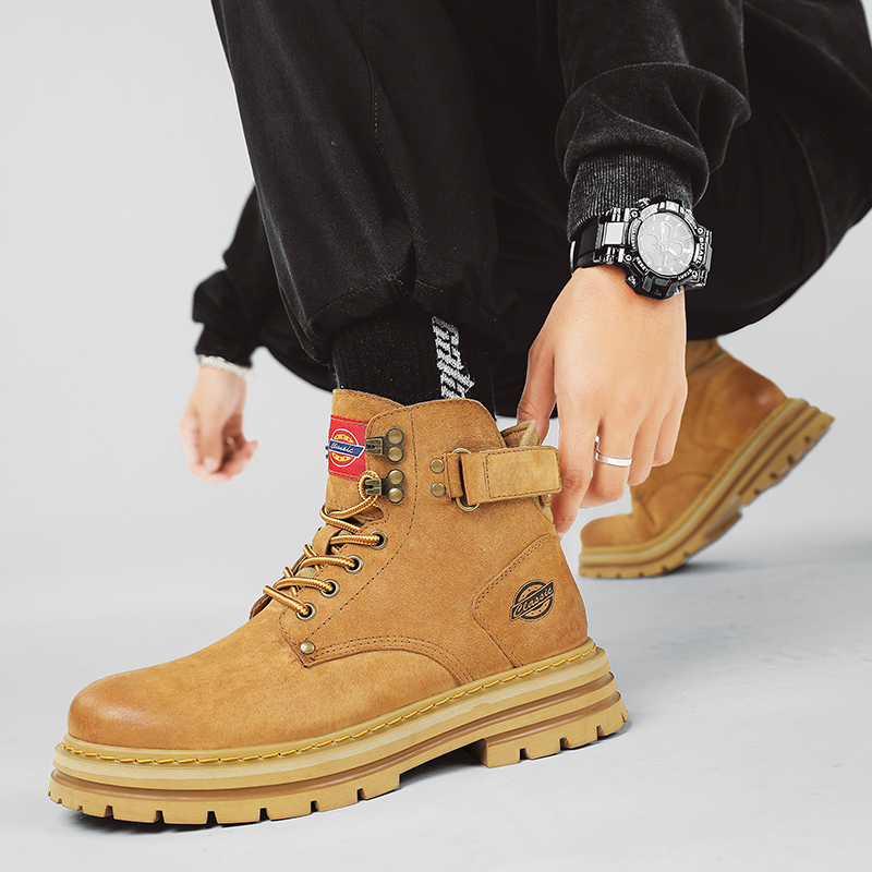 美式户外徒步登山马丁靴男大码真皮复古工装短靴英伦风高帮大黄靴
