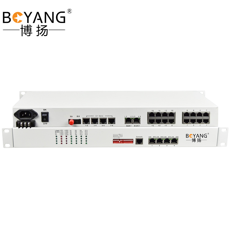 博扬 综合业务电话光端机8路E1+16路电话+4路百兆以太网物理隔离