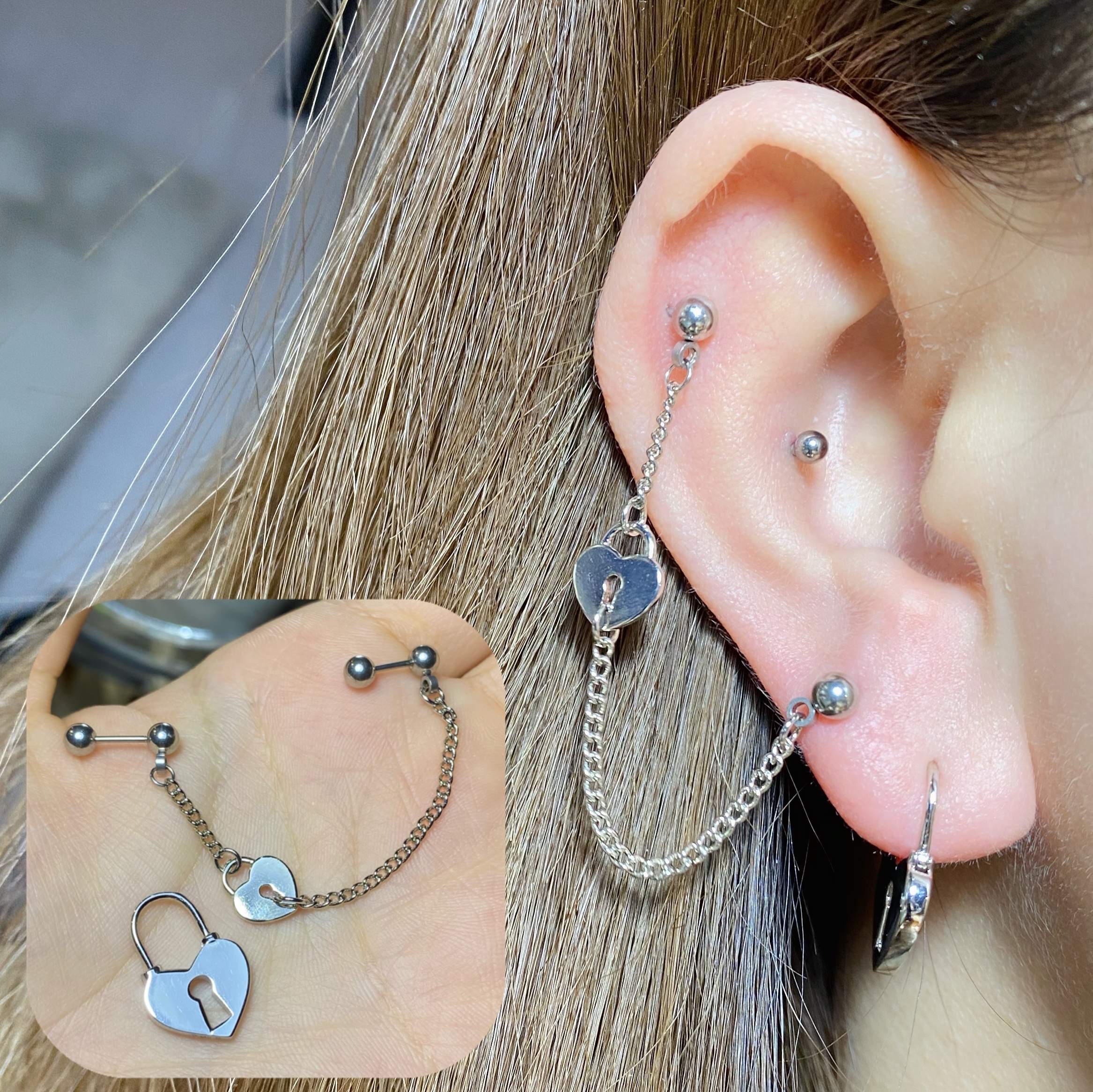 耳骨钉耳屏链条爱心锁ins耳堵