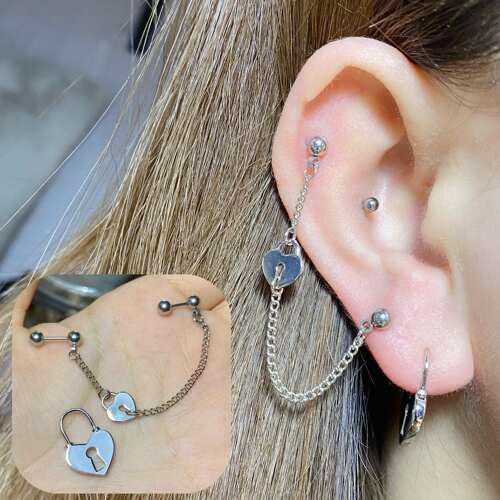 耳骨钉耳屏链条爱心锁ins耳堵
