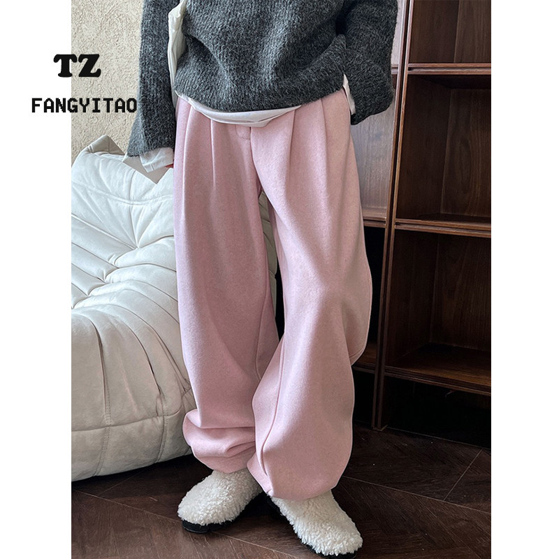 裤型巨好~韩系加厚毛呢镰刀裤女秋冬加长粉色毛呢窄版阔腿镰刀裤
