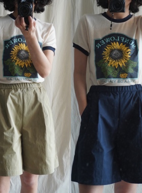 盐系女友夏季新款简约百搭高腰阔腿宽松休闲显瘦A字五分裤女