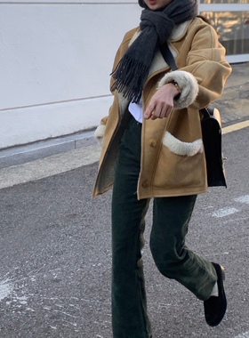 温暖冬日八奶奶常青款加厚纯棉灯芯绒复古绿微喇长裤