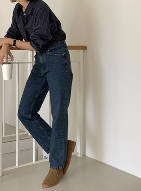 百搭单品 韩Brunch复古深蓝高腰直筒微小脚牛仔裤女