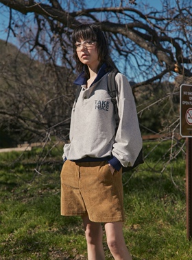 自在秋天韩小众stu复古学院风字母印花撞色翻领宽松长袖卫衣