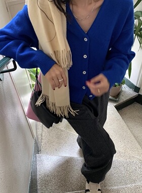 春天快乐韩M0destM*od新款四色v领宽松系扣羊毛开衫针织衫女