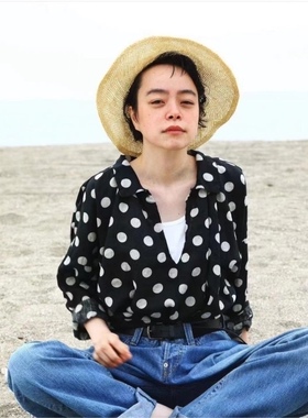 悠闲下午日系orslow宽松套头箱式趣味大波点衬衫棉麻罩衫