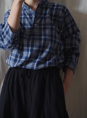 蓝色大门日系斯文气质超柔100酵洗棉色织立领格纹长袖衬衫女