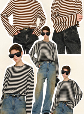 盐系女友row风极简百搭短款天丝羊毛撞色条纹长袖T恤