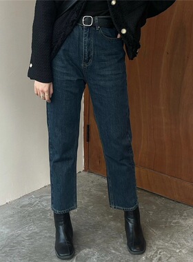秋冬主推东大门新款高腰气质显瘦深蓝色复古水洗棉直筒裤牛仔