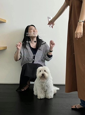 自在秋天韩早秋新款简约百搭条纹宽松多扣V领针织开衫女