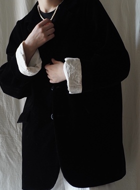 大艺术家cas*y法式浪漫复古经典宽松廓形黑色中短款丝绒西装外套