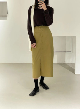 东大门Lakside秋季新款百搭高腰包臀纽扣后开衩中长a字半裙