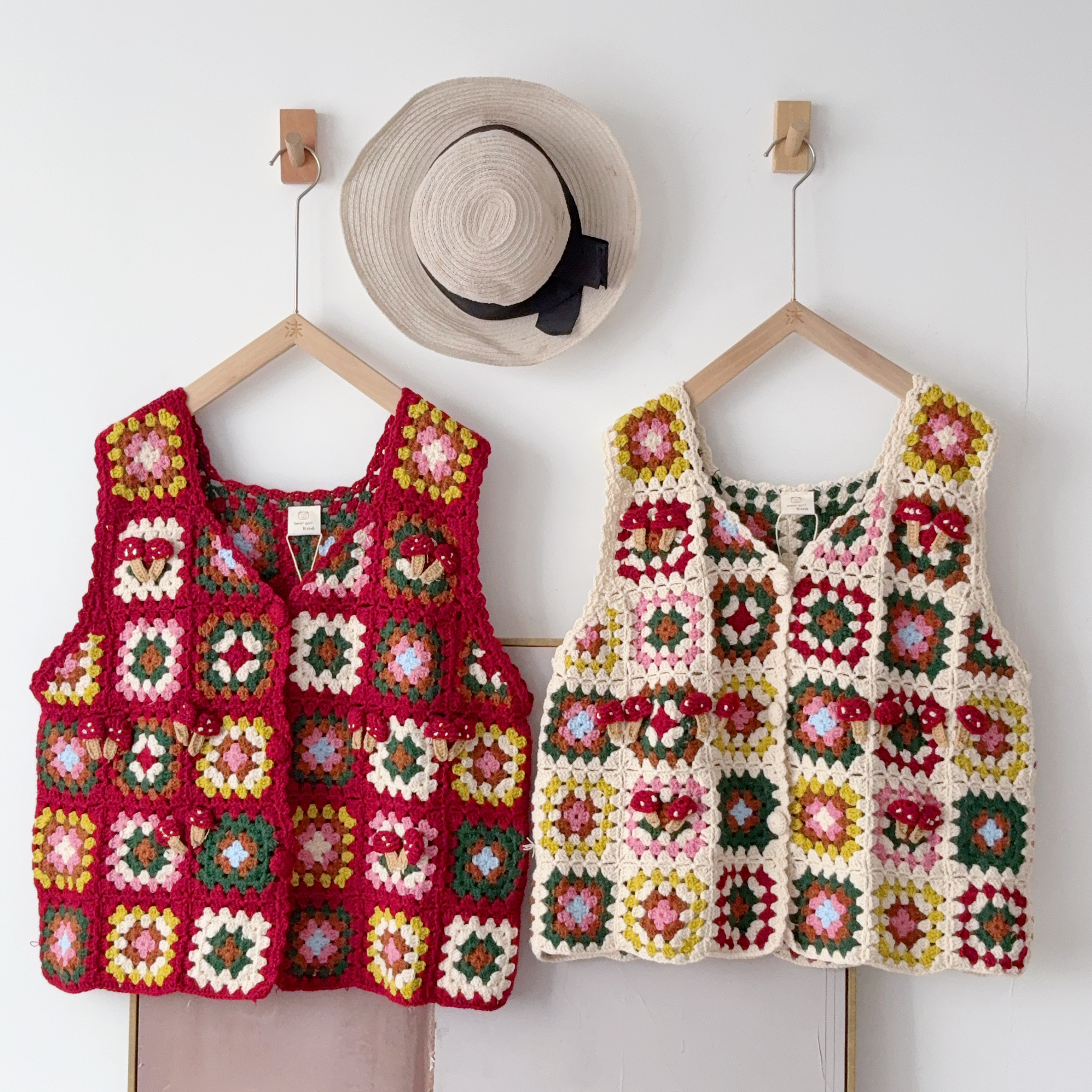 熊姑娘 复古设计款手作钩花小众百搭宽松V领针织马甲背心