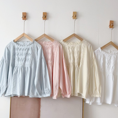 衬衫初见沫森日系甜美花边胸前扭花宽松纯色棉布小众长袖上衣2007