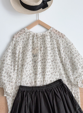 衬衫 初见沫日系轻文艺印花轻薄苎麻短袖宽松小众套头上衣女62235