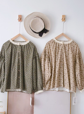 衬衫复古文艺圆领拼花边印染花朵柔软棉布长袖小众上衣女JYZ61236