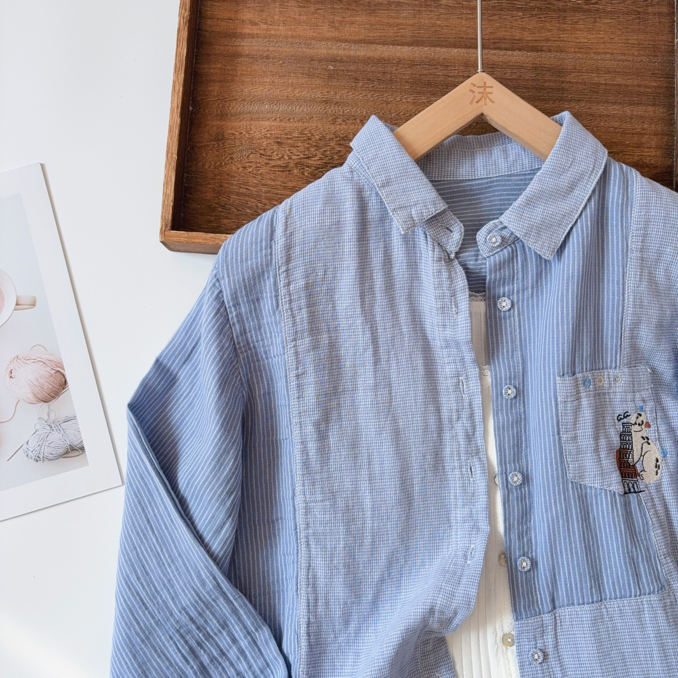 衬衫日系简约竖条纹拼接格子口袋刺绣柔软双层纱宽松上袖上衣春秋,女装/女士精品,衬衫,淘宝优惠券,粉丝福利购,淘宝优惠卷