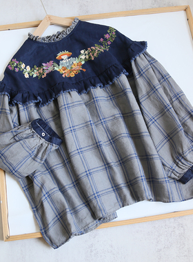 2025秋 初见沫日单重工小女孩刺绣拼格子套头亚麻长袖衬衫ZTJ2150