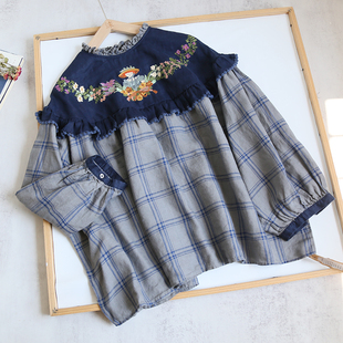 ZTJ2150 衬衫 2026春 初见沫日单重工小女孩刺绣拼格子套头亚麻长袖