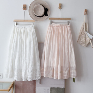 半身裙 初见沫日系文艺自然腰带内衬轻薄苎麻双层长裙A字裙16175