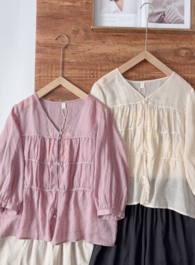 衬衫 森日系文艺复古V领条纹褶皱拼接宽松百搭小众苎麻小衫61045