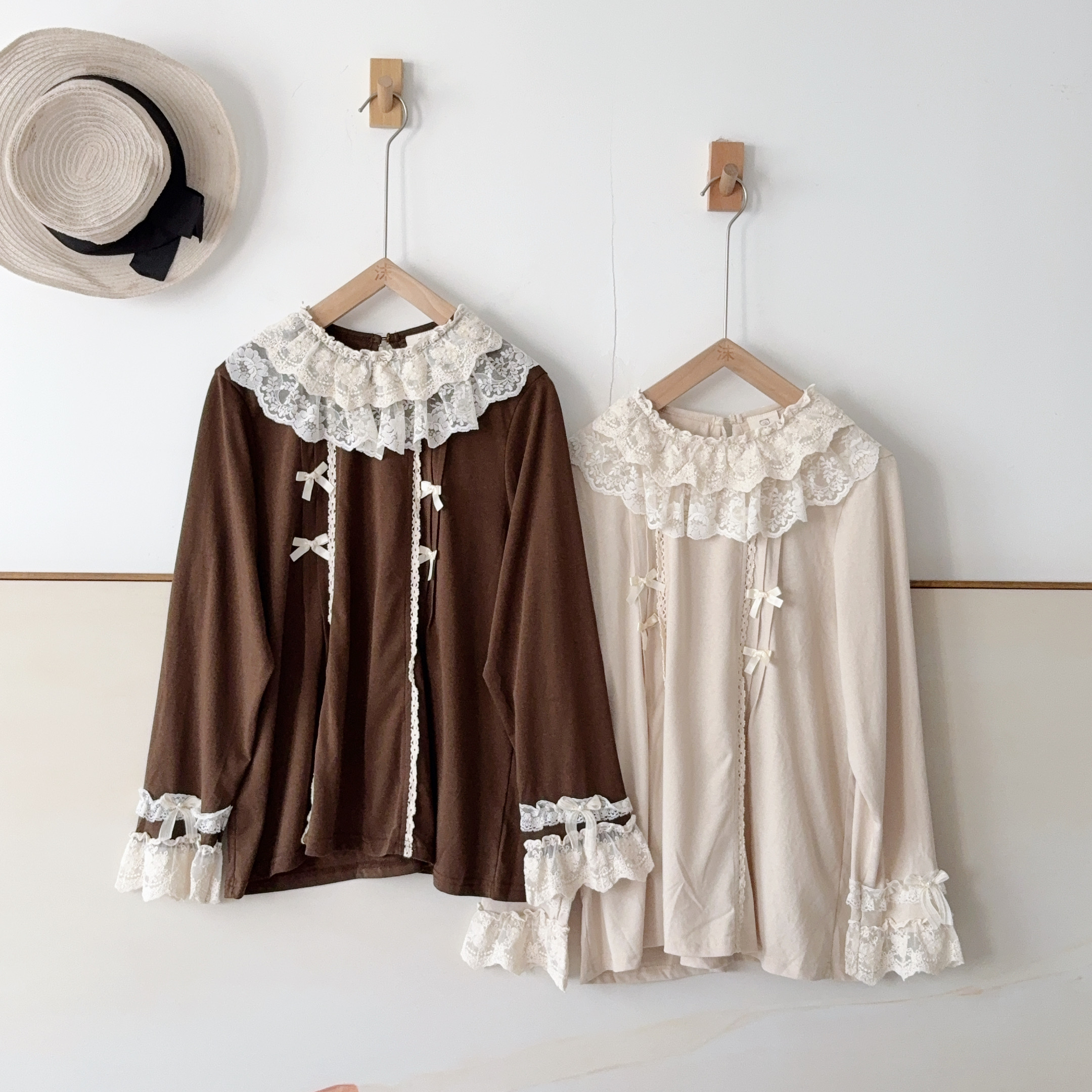 T恤 熊姑娘日系双层领蕾丝花边蝴蝶结宽松柔软小众上衣女067058