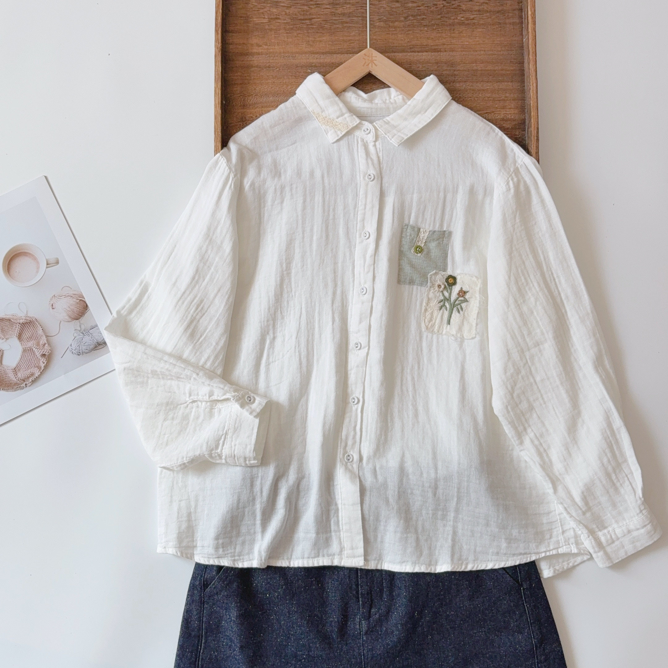 白衬衫 森日系亲肤柔软口袋格子拼花朵双层纱宽松百搭长袖上衣,女装/女士精品,衬衫,淘宝优惠券,粉丝福利购,淘宝优惠卷