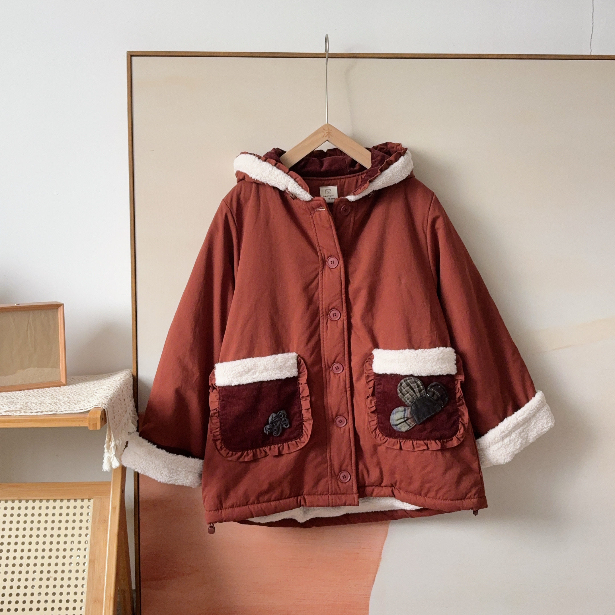 棉服熊姑娘森系刺绣连帽拼灯芯绒羊羔毛宽松小众百搭保暖棉衣外套