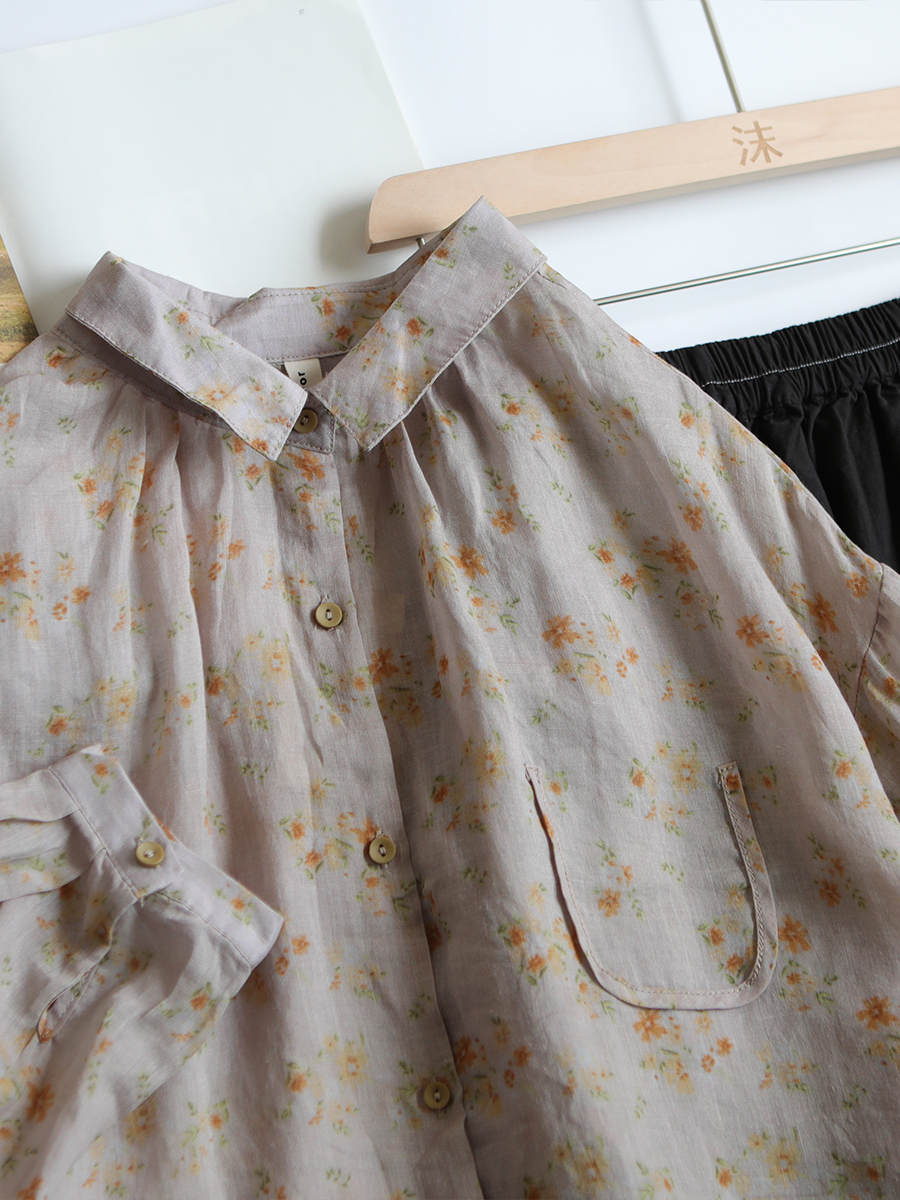 宽松森女系麻料碎花衬衫