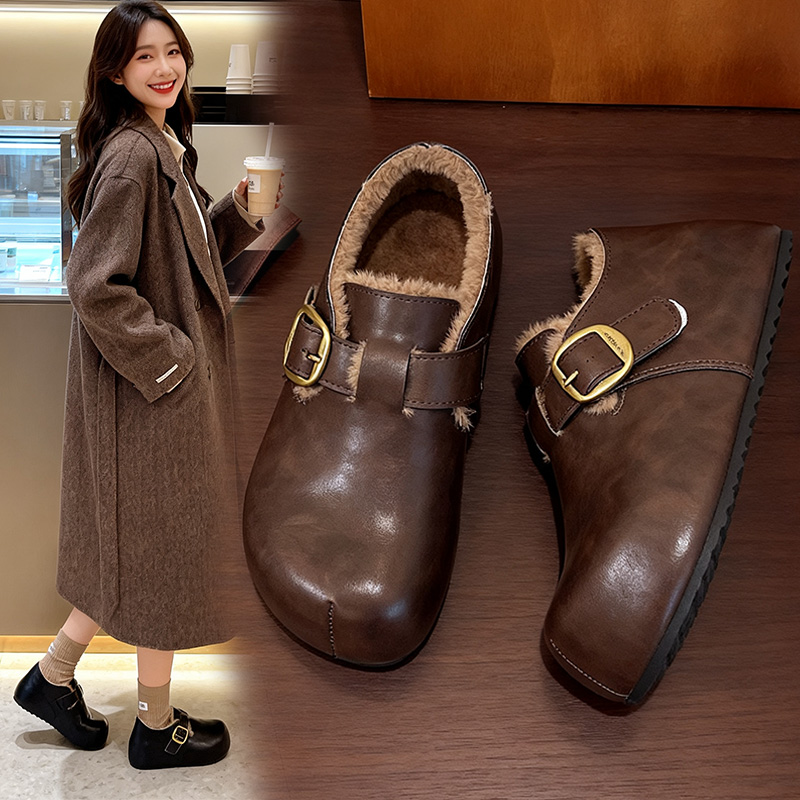 厚底内增高加绒加厚勃肯鞋皮面毛毛棉鞋女鞋2025新款冬季小皮鞋女