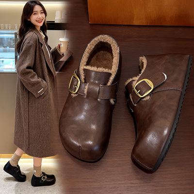 厚底内增高加绒加厚勃肯鞋皮面毛毛棉鞋女鞋2025新款冬季小皮鞋女