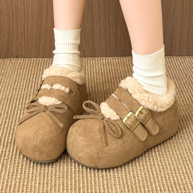 蝴蝶结加绒勃肯鞋女2025新款秋冬全包厚底毛绒棉鞋低帮雪地靴鞋子