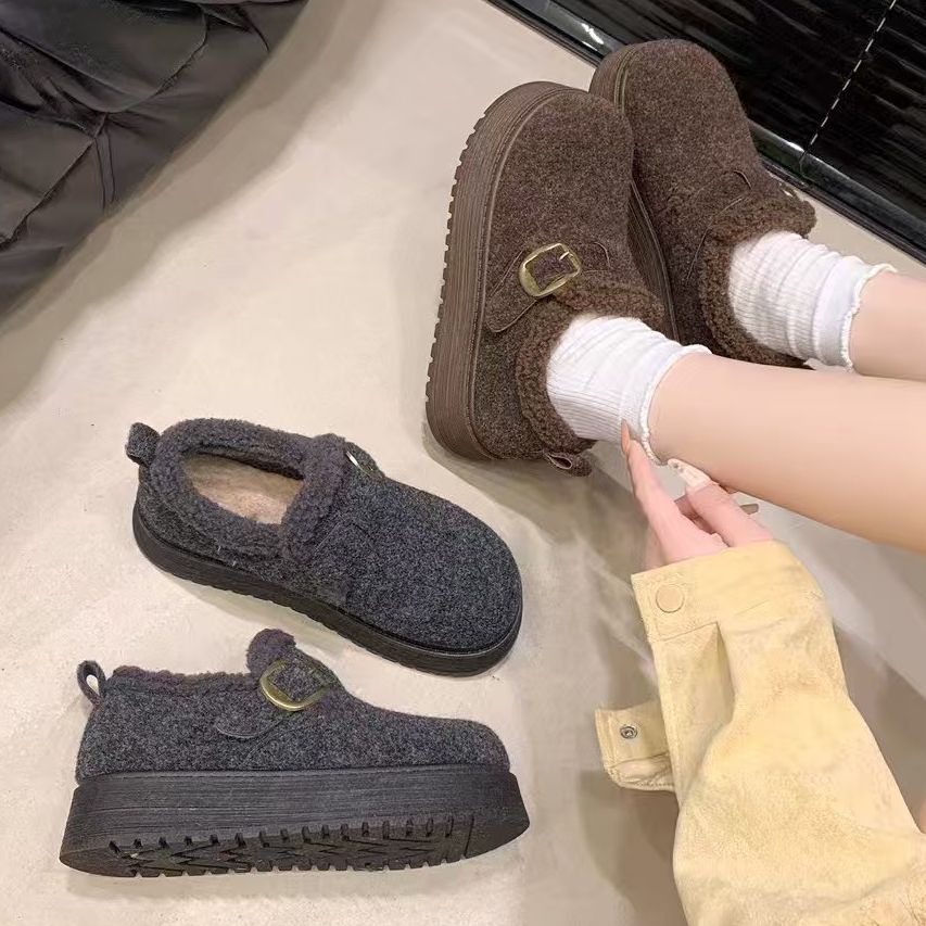 灰色毛呢厚底勃肯鞋女2025新款爆款冬季加绒一脚蹬保暖乐福棉鞋子