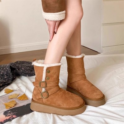 扣带厚底增高平底毛翻边加绒保暖棉鞋冬季复古中长筒短靴雪地靴女