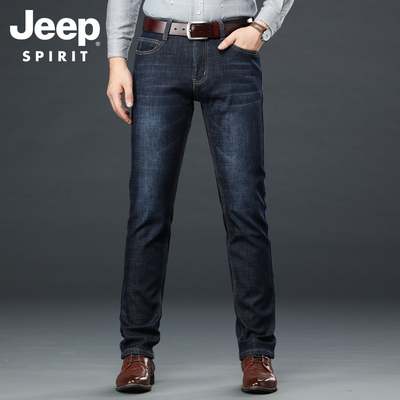 jeep吉普冬季加绒保暖水洗牛仔裤男士商务休闲百搭时尚宽松直筒裤
