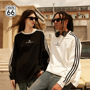 ROUTE66秋季美式复古运动情侣装圆领长袖T恤潮流男女插肩潮牌卫衣